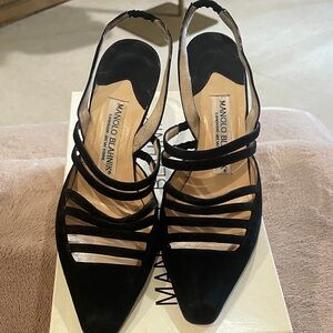 Manolo Blahnik Black Multi-Strap Pointed Slingback Heels